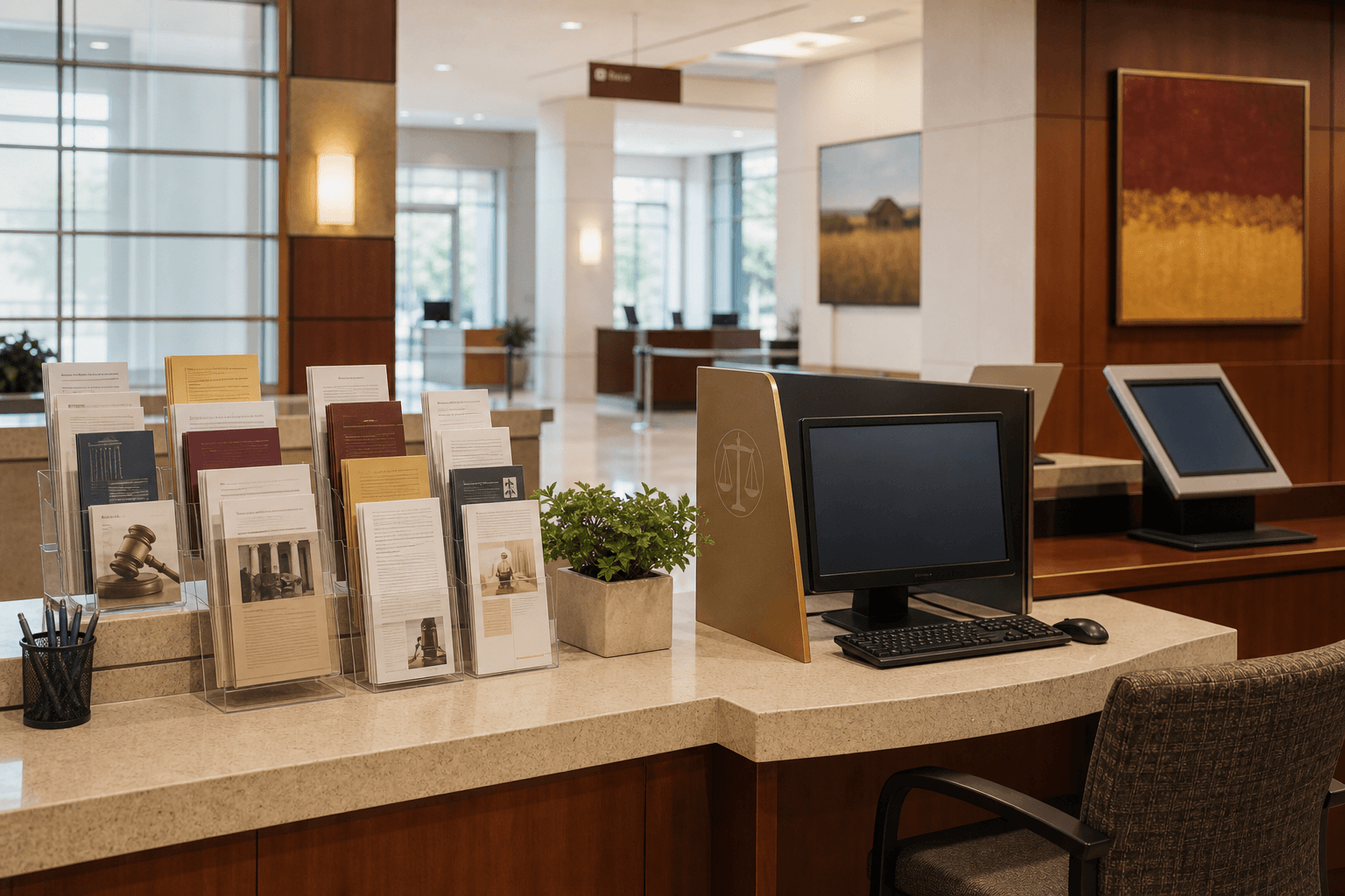 Court public access counter with forms and public computer workstation