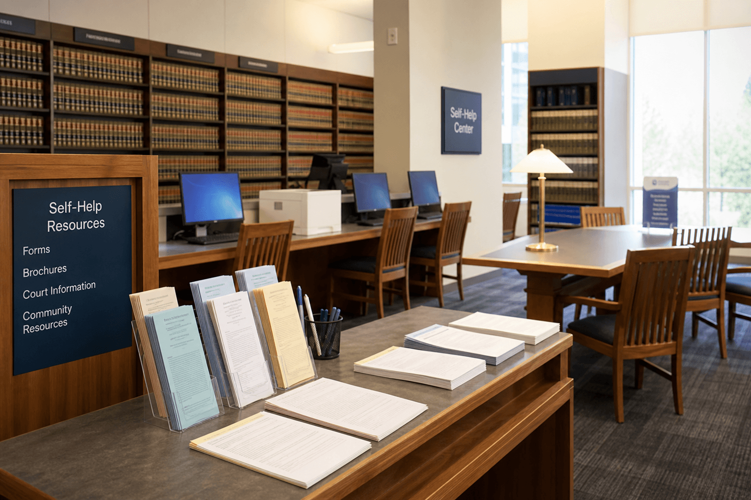 Law library self-help area with public computers and forms