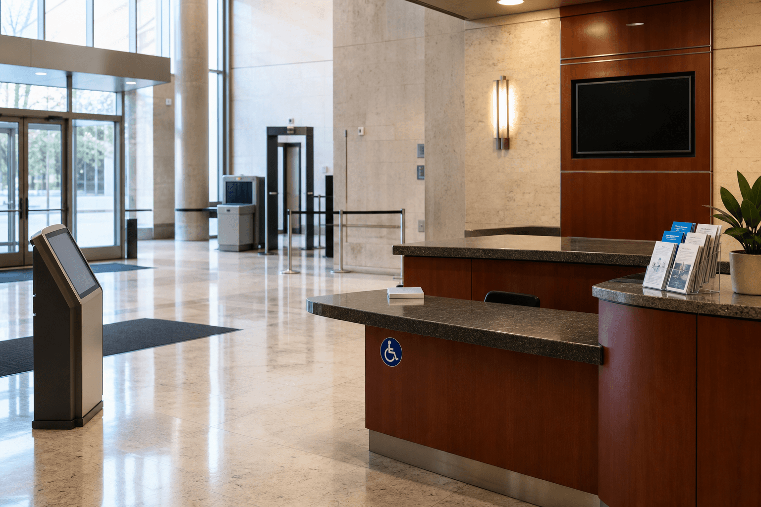 Courthouse lobby with accessible service counter and visitor information